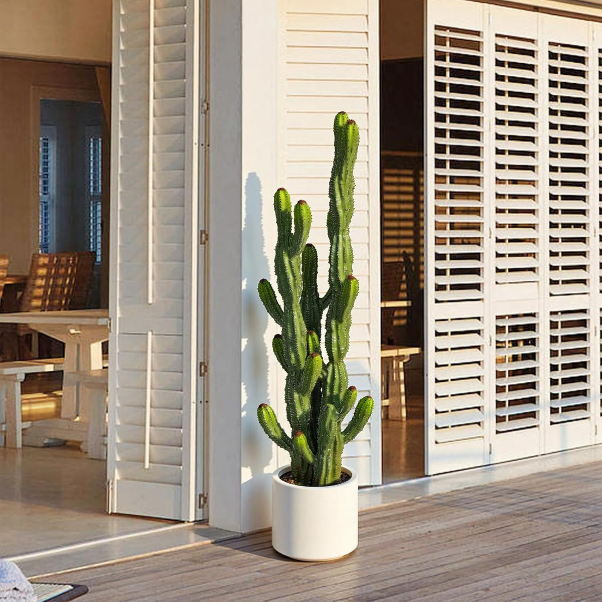 32” Artificial Cactus Plants, Tall Artificial Plants Outdoor, Tall Fake Cacti Plant UV-Resistant in White Pot, Faux Floor Plants for Indoor Home Office Hotel Bedroom Patio Balcony Garden