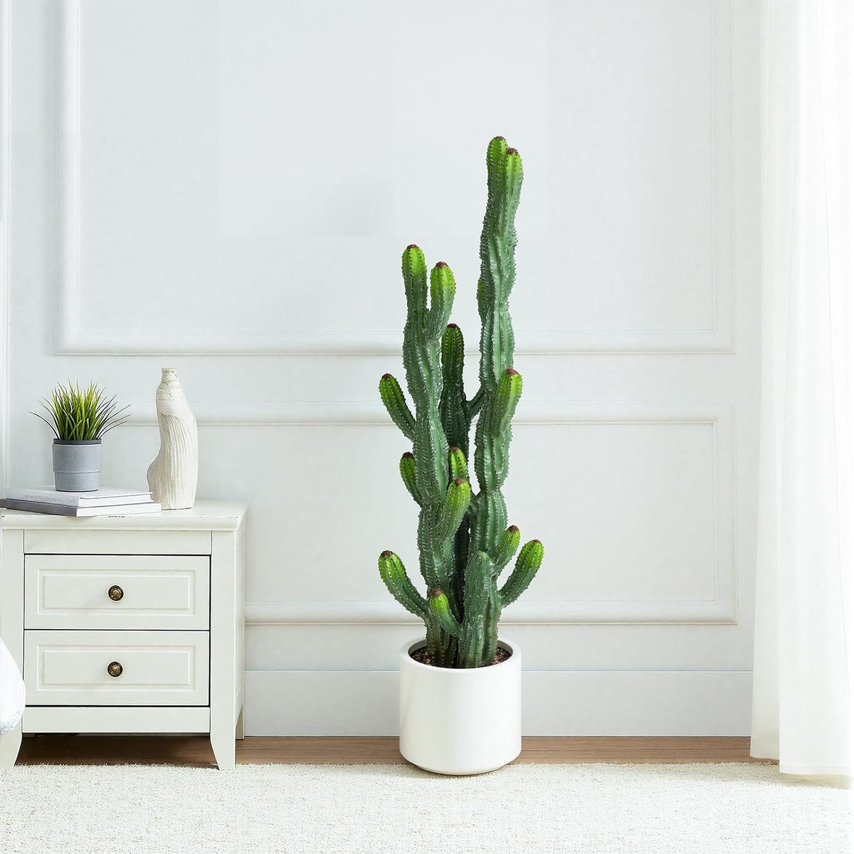 32” Artificial Cactus Plants, Tall Artificial Plants Outdoor, Tall Fake Cacti Plant UV-Resistant in White Pot, Faux Floor Plants for Indoor Home Office Hotel Bedroom Patio Balcony Garden