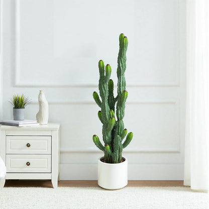 32” Artificial Cactus Plants, Tall Artificial Plants Outdoor, Tall Fake Cacti Plant UV-Resistant in White Pot, Faux Floor Plants for Indoor Home Office Hotel Bedroom Patio Balcony Garden