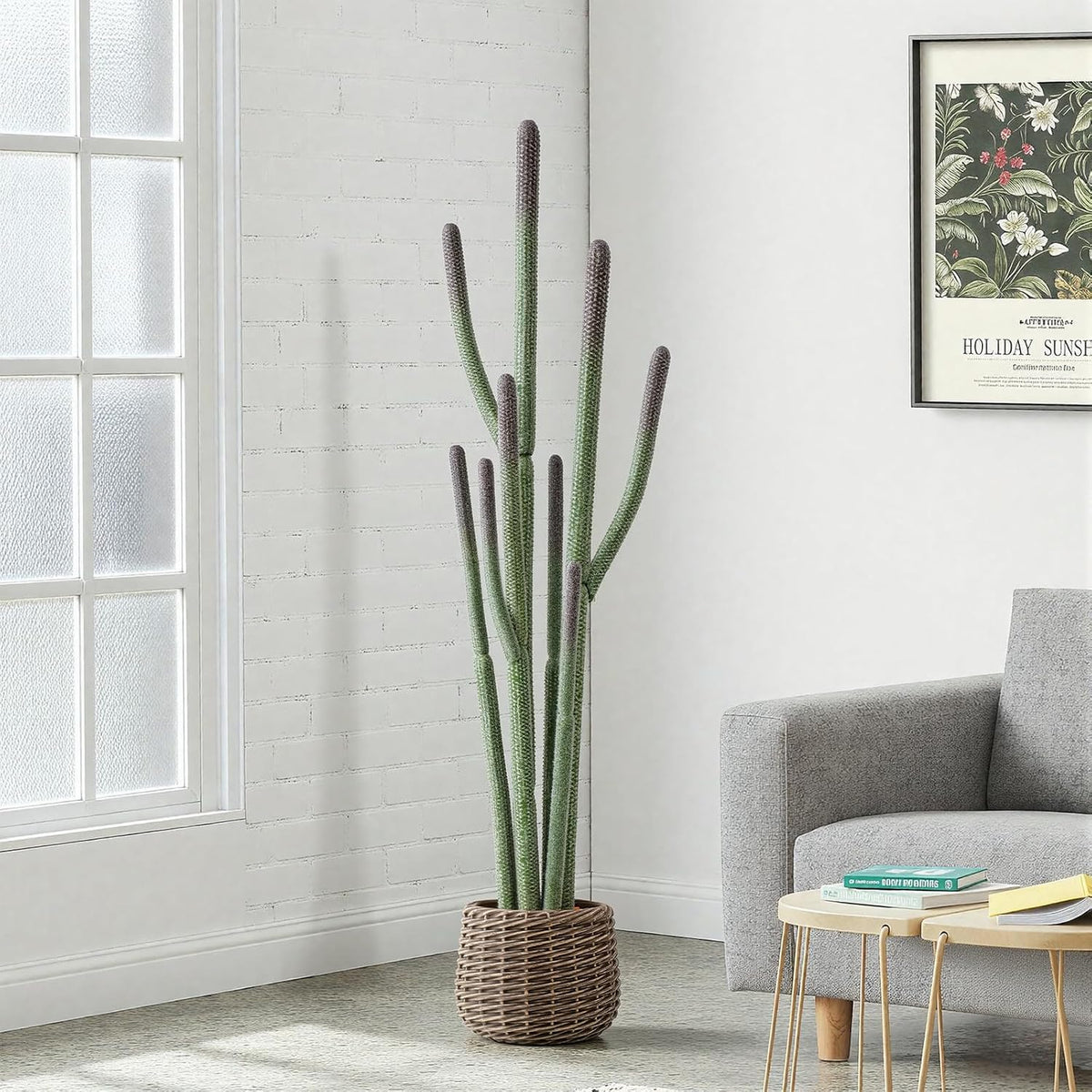 32” Artificial Cactus Plants, Tall Artificial Plants Outdoor, Tall Fake Cacti Plant UV-Resistant in White Pot, Faux Floor Plants for Indoor Home Office Hotel Bedroom Patio Balcony Garden