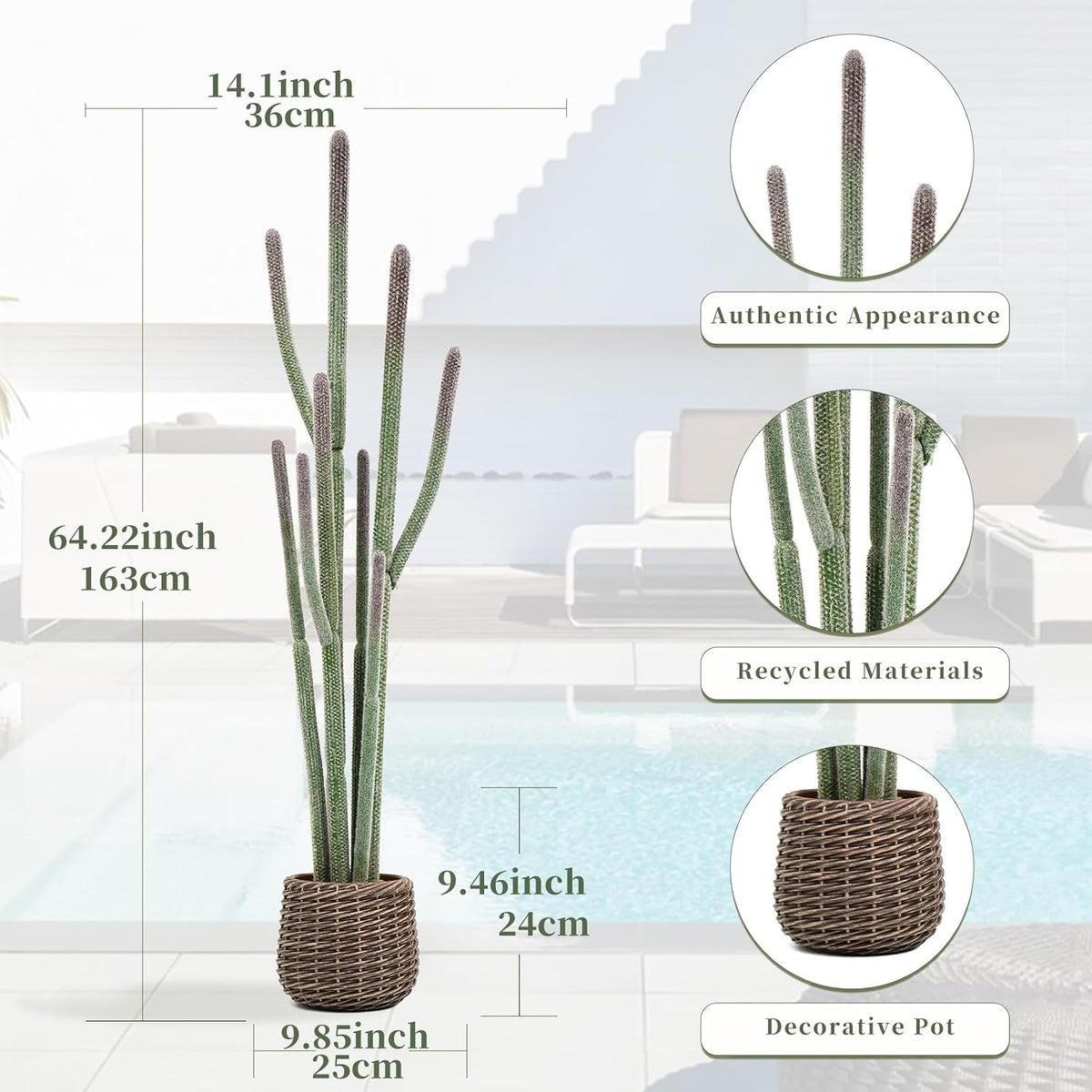 32” Artificial Cactus Plants, Tall Artificial Plants Outdoor, Tall Fake Cacti Plant UV-Resistant in White Pot, Faux Floor Plants for Indoor Home Office Hotel Bedroom Patio Balcony Garden