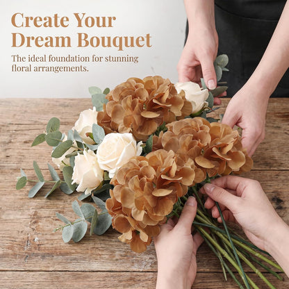 20Pcs Brown Hydrangea Artificial Flowers Bulk Realistic Silk Faux Hydrangea Heads with Stems Fake Flowers for Wedding Table Centerpieces, Arch,Baby Shower,Home,Party DIY Decoration