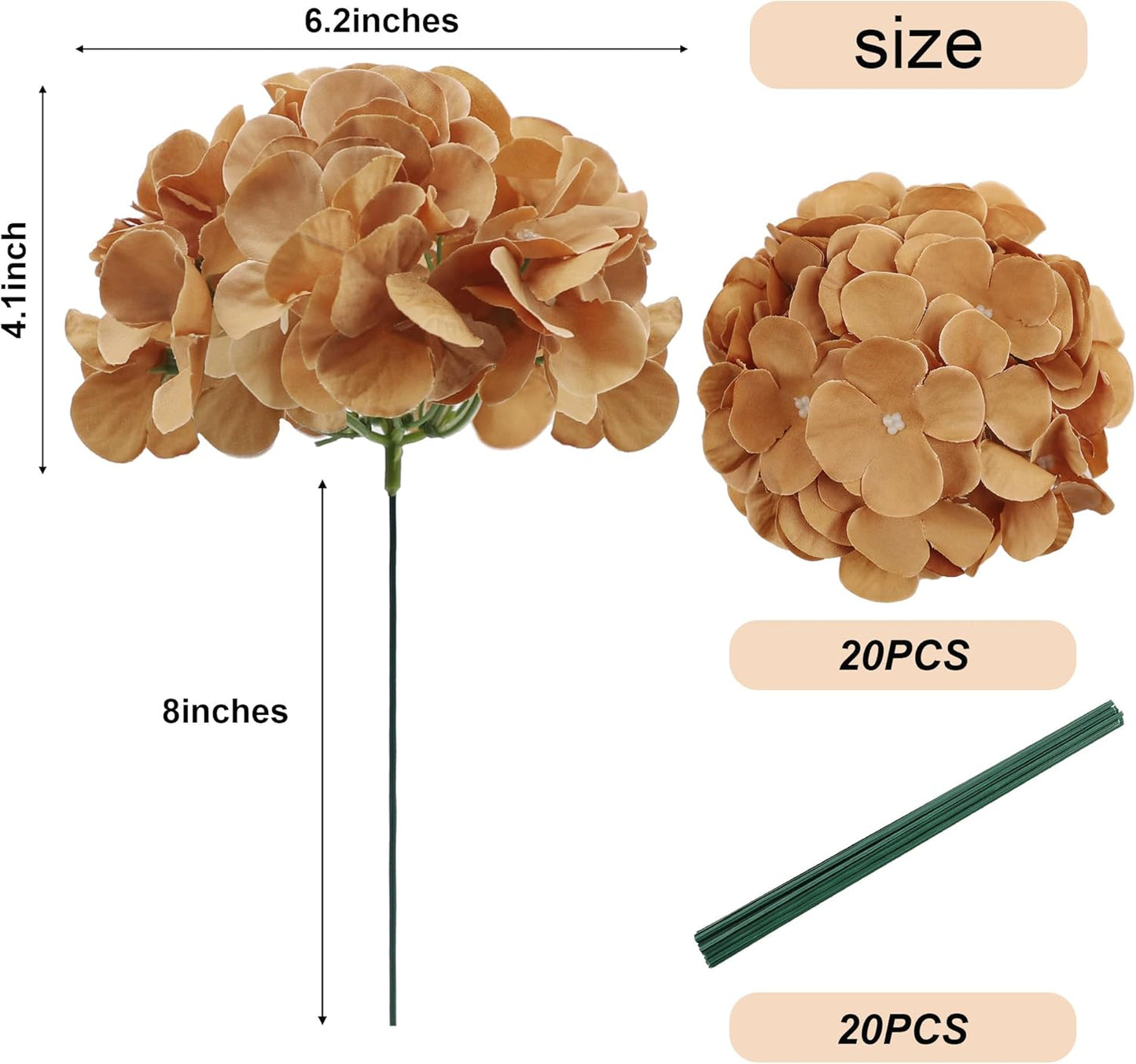 20Pcs Brown Hydrangea Artificial Flowers Bulk Realistic Silk Faux Hydrangea Heads with Stems Fake Flowers for Wedding Table Centerpieces, Arch,Baby Shower,Home,Party DIY Decoration