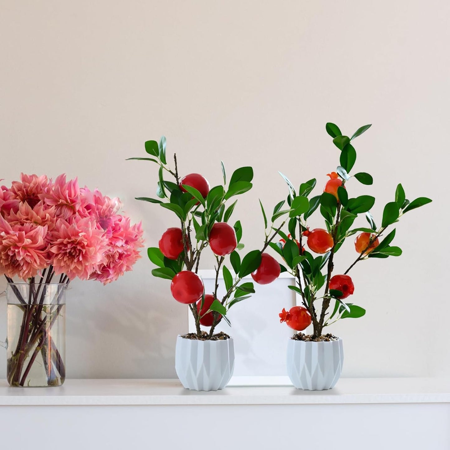 Artificial Green Lemon Orange Fruit Plants Bonsai, 15.7in Tall Red Pomegranate Potted Plants Simulation Plastic Foam Lemon Tree Plant with Pot for Kitchen, Office, Home Decor-1PCS(Green Lemon)