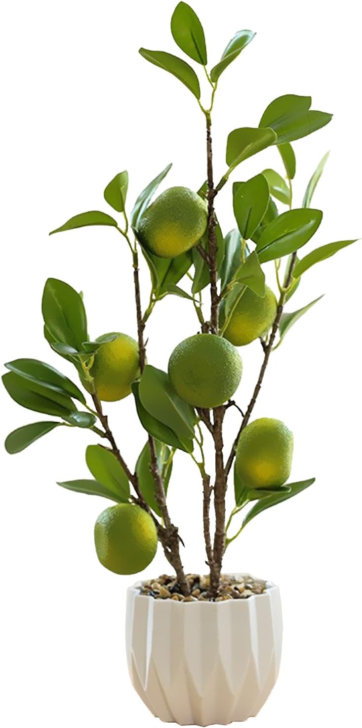 Artificial Green Lemon Orange Fruit Plants Bonsai, 15.7in Tall Red Pomegranate Potted Plants Simulation Plastic Foam Lemon Tree Plant with Pot for Kitchen, Office, Home Decor-1PCS(Green Lemon)