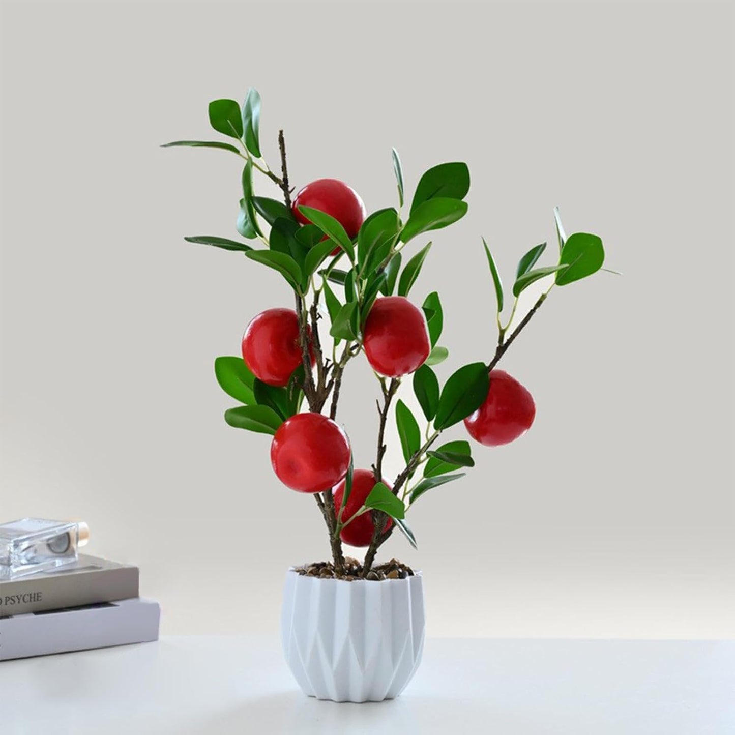 Artificial Green Lemon Orange Fruit Plants Bonsai, 15.7in Tall Red Pomegranate Potted Plants Simulation Plastic Foam Lemon Tree Plant with Pot for Kitchen, Office, Home Decor-1PCS(Green Lemon)