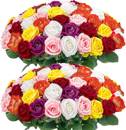 60Pcs Red Roses Artificial Flowers, Velvet Silk Faux Roses, Realistic Red Flowers for Father's Day, Wedding Centerpieces, Cake, Bridal Bouquets, Home Decor, Anniversary, Valentine's Day Decorations