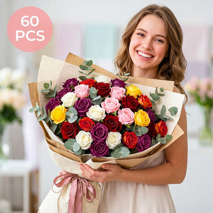 60Pcs Red Roses Artificial Flowers, Velvet Silk Faux Roses, Realistic Red Flowers for Father's Day, Wedding Centerpieces, Cake, Bridal Bouquets, Home Decor, Anniversary, Valentine's Day Decorations