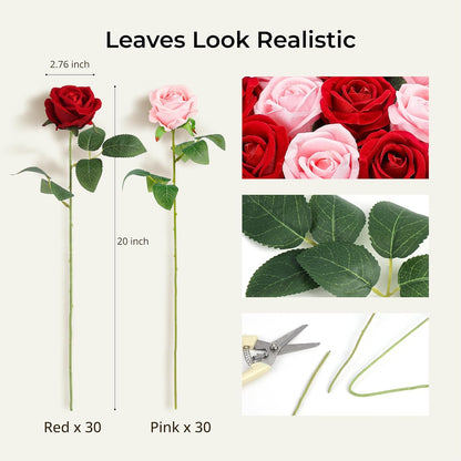 60Pcs Red Roses Artificial Flowers, Velvet Silk Faux Roses, Realistic Red Flowers for Father's Day, Wedding Centerpieces, Cake, Bridal Bouquets, Home Decor, Anniversary, Valentine's Day Decorations