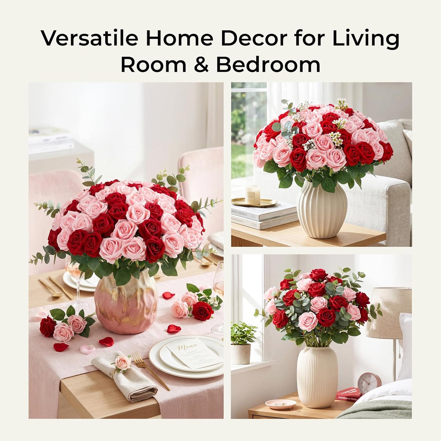 60Pcs Red Roses Artificial Flowers, Velvet Silk Faux Roses, Realistic Red Flowers for Father's Day, Wedding Centerpieces, Cake, Bridal Bouquets, Home Decor, Anniversary, Valentine's Day Decorations