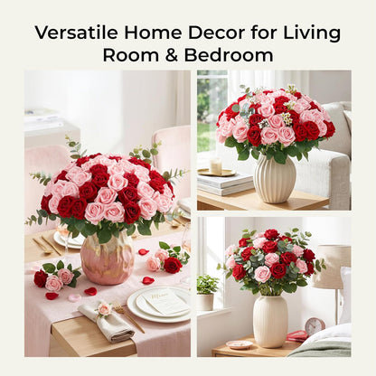 60Pcs Red Roses Artificial Flowers, Velvet Silk Faux Roses, Realistic Red Flowers for Father's Day, Wedding Centerpieces, Cake, Bridal Bouquets, Home Decor, Anniversary, Valentine's Day Decorations