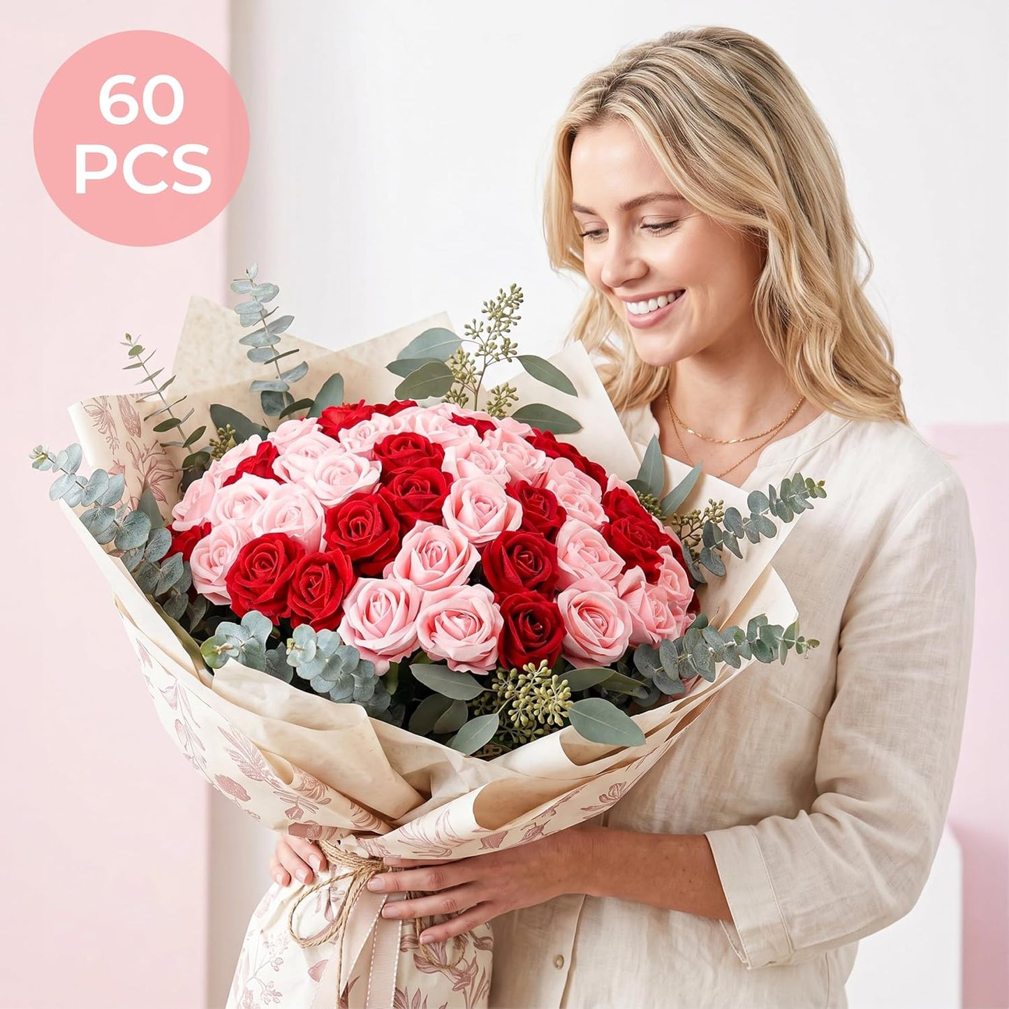 60Pcs Red Roses Artificial Flowers, Velvet Silk Faux Roses, Realistic Red Flowers for Father's Day, Wedding Centerpieces, Cake, Bridal Bouquets, Home Decor, Anniversary, Valentine's Day Decorations