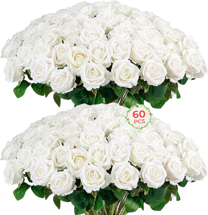 60Pcs Red Roses Artificial Flowers, Velvet Silk Faux Roses, Realistic Red Flowers for Father's Day, Wedding Centerpieces, Cake, Bridal Bouquets, Home Decor, Anniversary, Valentine's Day Decorations