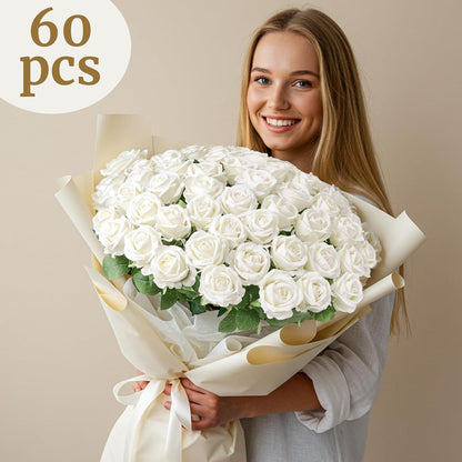 60Pcs Red Roses Artificial Flowers, Velvet Silk Faux Roses, Realistic Red Flowers for Father's Day, Wedding Centerpieces, Cake, Bridal Bouquets, Home Decor, Anniversary, Valentine's Day Decorations