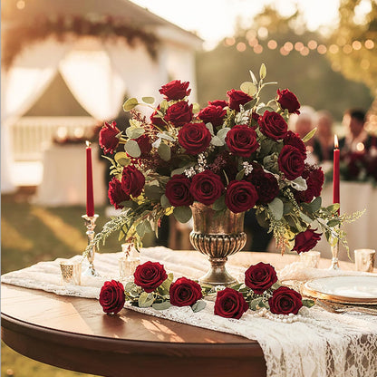 60Pcs Red Roses Artificial Flowers, Velvet Silk Faux Roses, Realistic Red Flowers for Father's Day, Wedding Centerpieces, Cake, Bridal Bouquets, Home Decor, Anniversary, Valentine's Day Decorations
