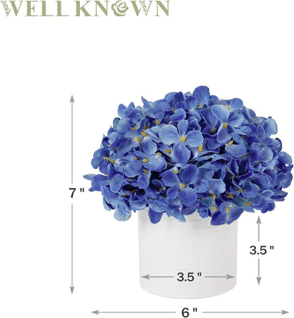 Blue Hydrangea Fake Flowers in Vase, Artificial Flowers with Ceramic Vase, Small Faux Potted Floral Arrangements for Home Bathroom Kitchen Office Coffee Table Wedding Party Centerpiece Decor & Gift