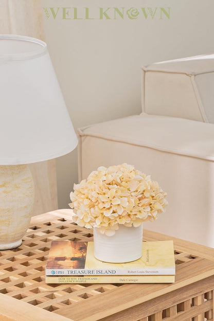 Blue Hydrangea Fake Flowers in Vase, Artificial Flowers with Ceramic Vase, Small Faux Potted Floral Arrangements for Home Bathroom Kitchen Office Coffee Table Wedding Party Centerpiece Decor & Gift