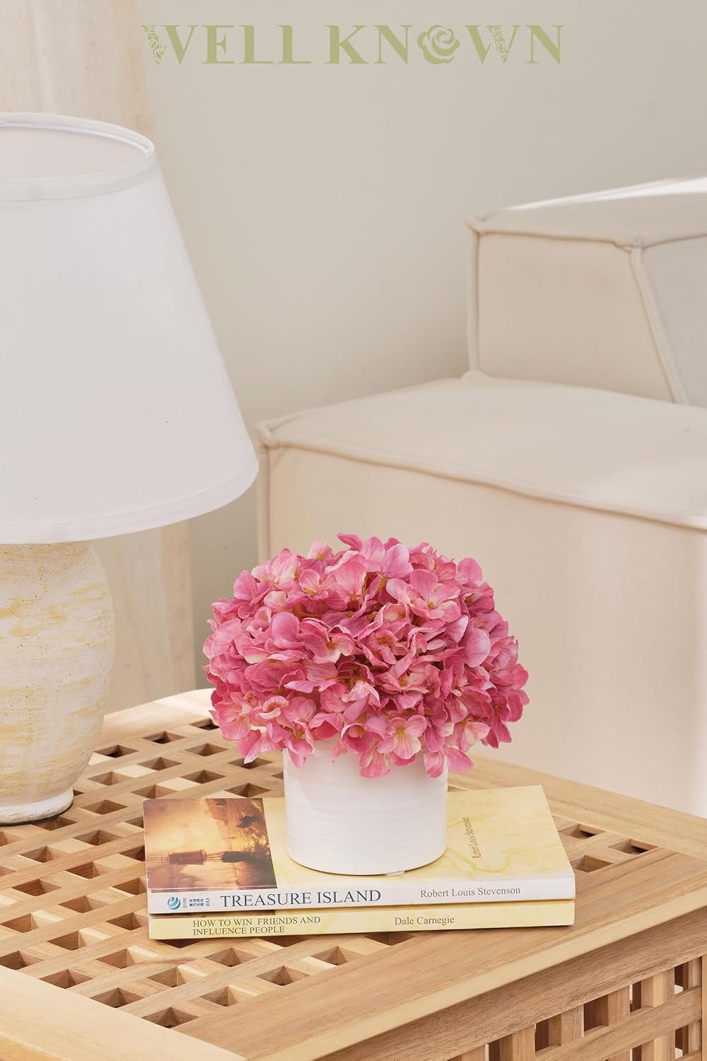 Blue Hydrangea Fake Flowers in Vase, Artificial Flowers with Ceramic Vase, Small Faux Potted Floral Arrangements for Home Bathroom Kitchen Office Coffee Table Wedding Party Centerpiece Decor & Gift