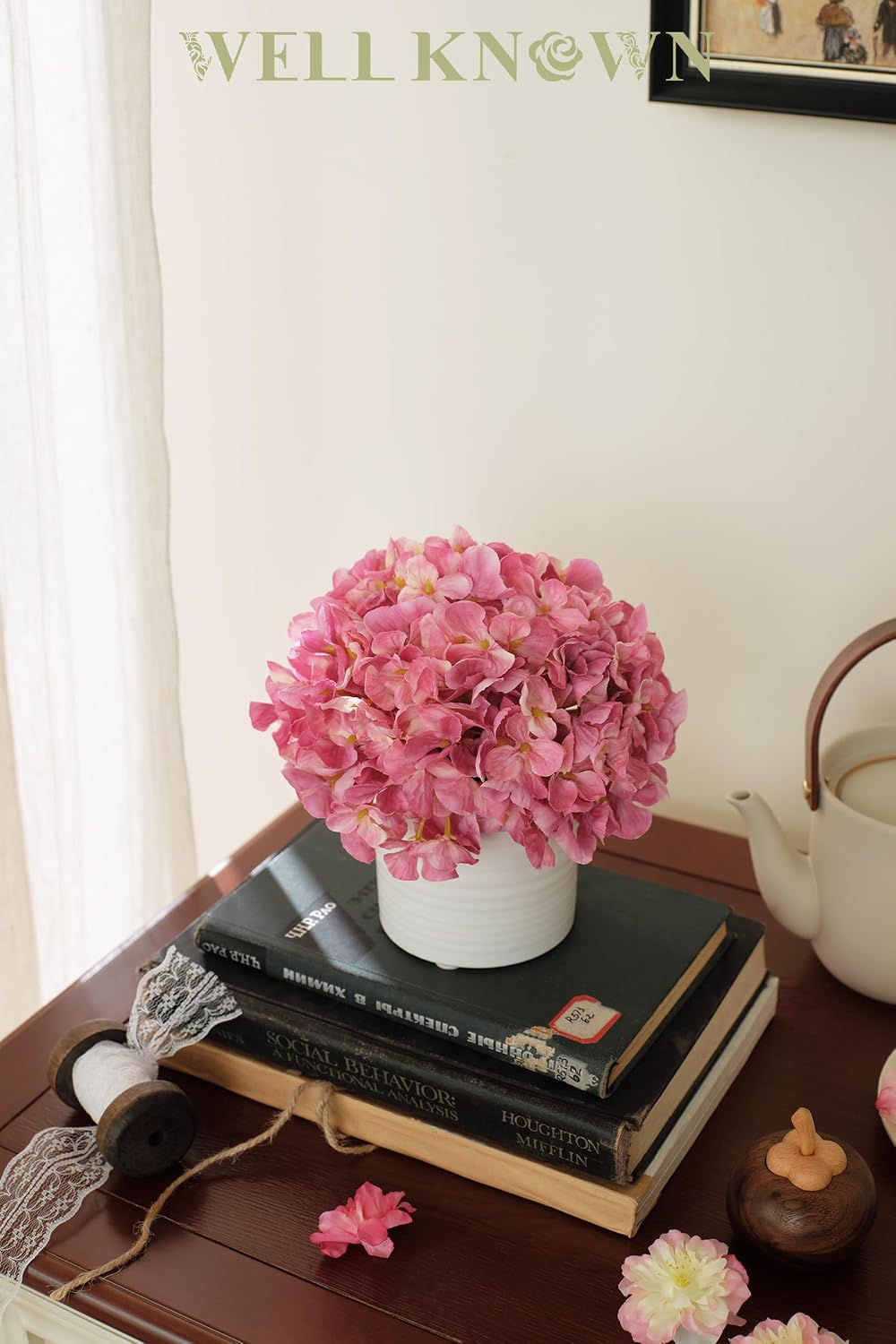 Blue Hydrangea Fake Flowers in Vase, Artificial Flowers with Ceramic Vase, Small Faux Potted Floral Arrangements for Home Bathroom Kitchen Office Coffee Table Wedding Party Centerpiece Decor & Gift