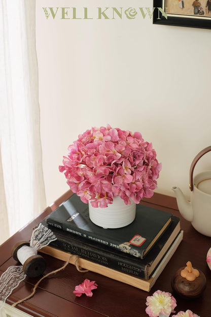 Blue Hydrangea Fake Flowers in Vase, Artificial Flowers with Ceramic Vase, Small Faux Potted Floral Arrangements for Home Bathroom Kitchen Office Coffee Table Wedding Party Centerpiece Decor & Gift