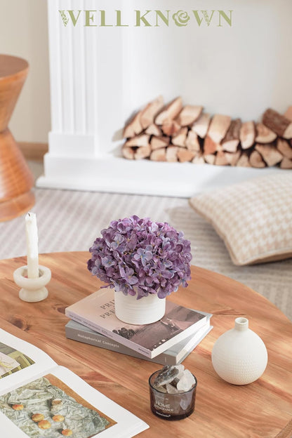 Blue Hydrangea Fake Flowers in Vase, Artificial Flowers with Ceramic Vase, Small Faux Potted Floral Arrangements for Home Bathroom Kitchen Office Coffee Table Wedding Party Centerpiece Decor & Gift