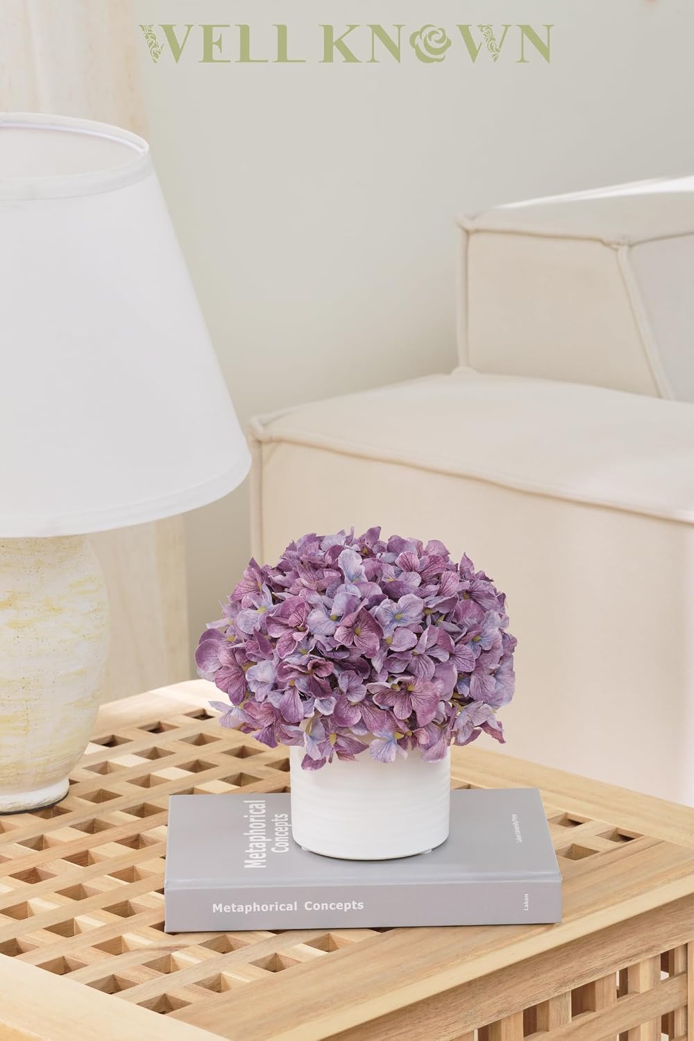 Blue Hydrangea Fake Flowers in Vase, Artificial Flowers with Ceramic Vase, Small Faux Potted Floral Arrangements for Home Bathroom Kitchen Office Coffee Table Wedding Party Centerpiece Decor & Gift