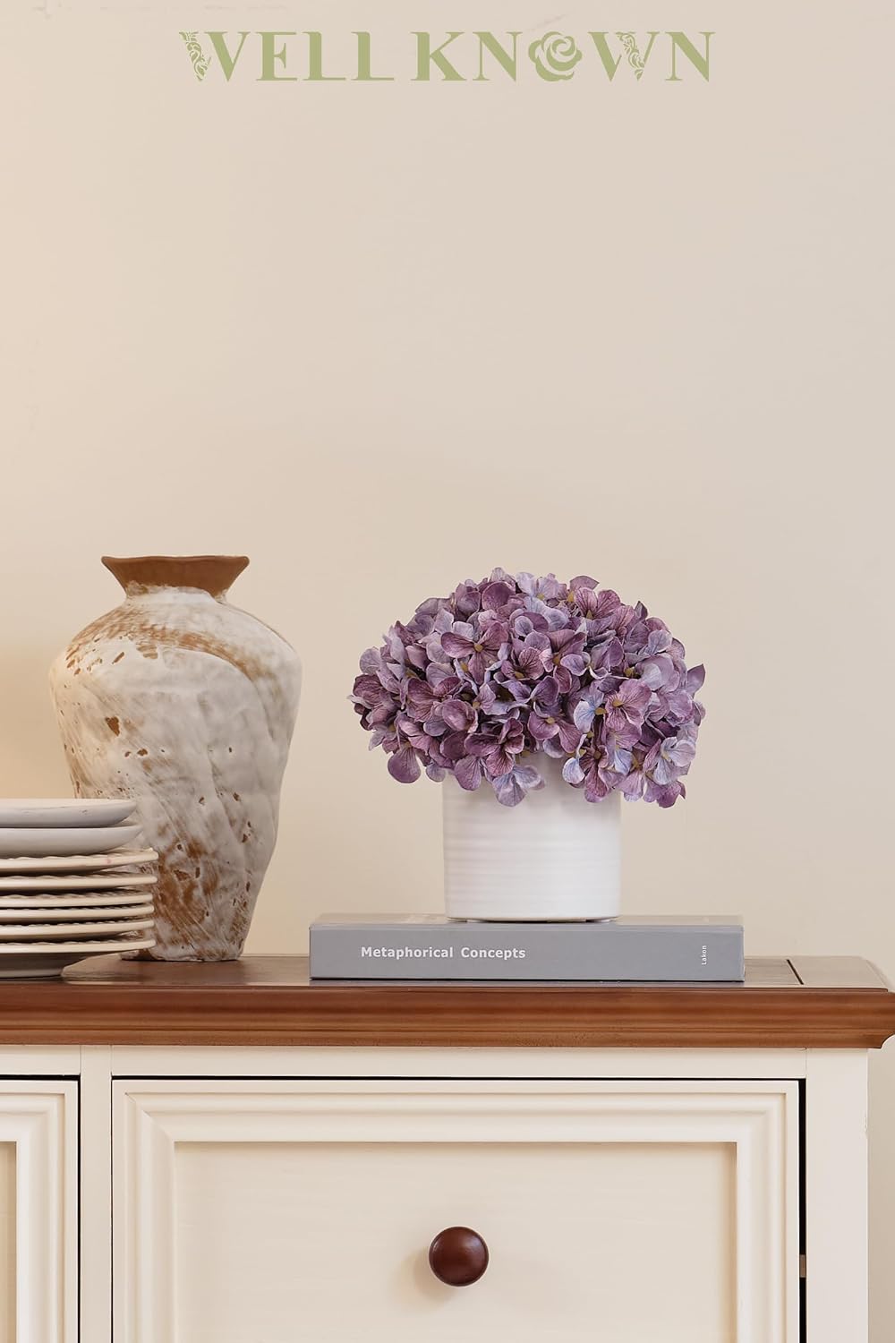 Blue Hydrangea Fake Flowers in Vase, Artificial Flowers with Ceramic Vase, Small Faux Potted Floral Arrangements for Home Bathroom Kitchen Office Coffee Table Wedding Party Centerpiece Decor & Gift