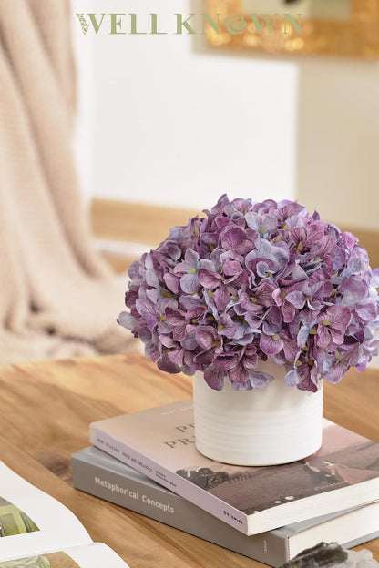 Blue Hydrangea Fake Flowers in Vase, Artificial Flowers with Ceramic Vase, Small Faux Potted Floral Arrangements for Home Bathroom Kitchen Office Coffee Table Wedding Party Centerpiece Decor & Gift