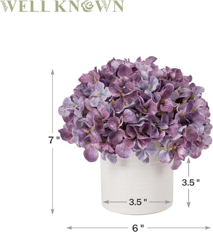 Blue Hydrangea Fake Flowers in Vase, Artificial Flowers with Ceramic Vase, Small Faux Potted Floral Arrangements for Home Bathroom Kitchen Office Coffee Table Wedding Party Centerpiece Decor & Gift