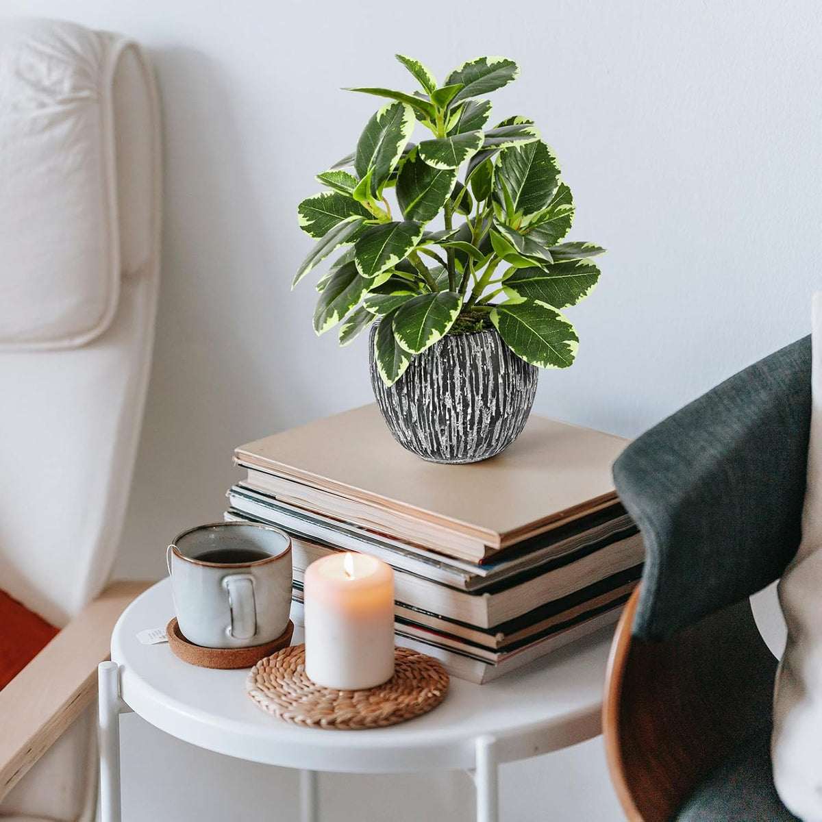 Artificial Potted Plant, Real Touch Artificial Oak Leaves Waterproof Fake Plants Indoor Outdoor, Eco Friendly Modern Concrete Greenery Plant Pots for Office Home Kitchen Shelf Farmhouse Decor