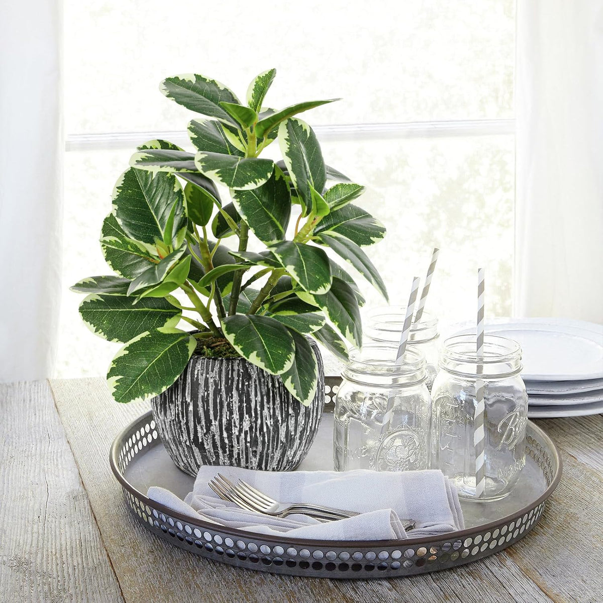 Artificial Potted Plant, Real Touch Artificial Oak Leaves Waterproof Fake Plants Indoor Outdoor, Eco Friendly Modern Concrete Greenery Plant Pots for Office Home Kitchen Shelf Farmhouse Decor