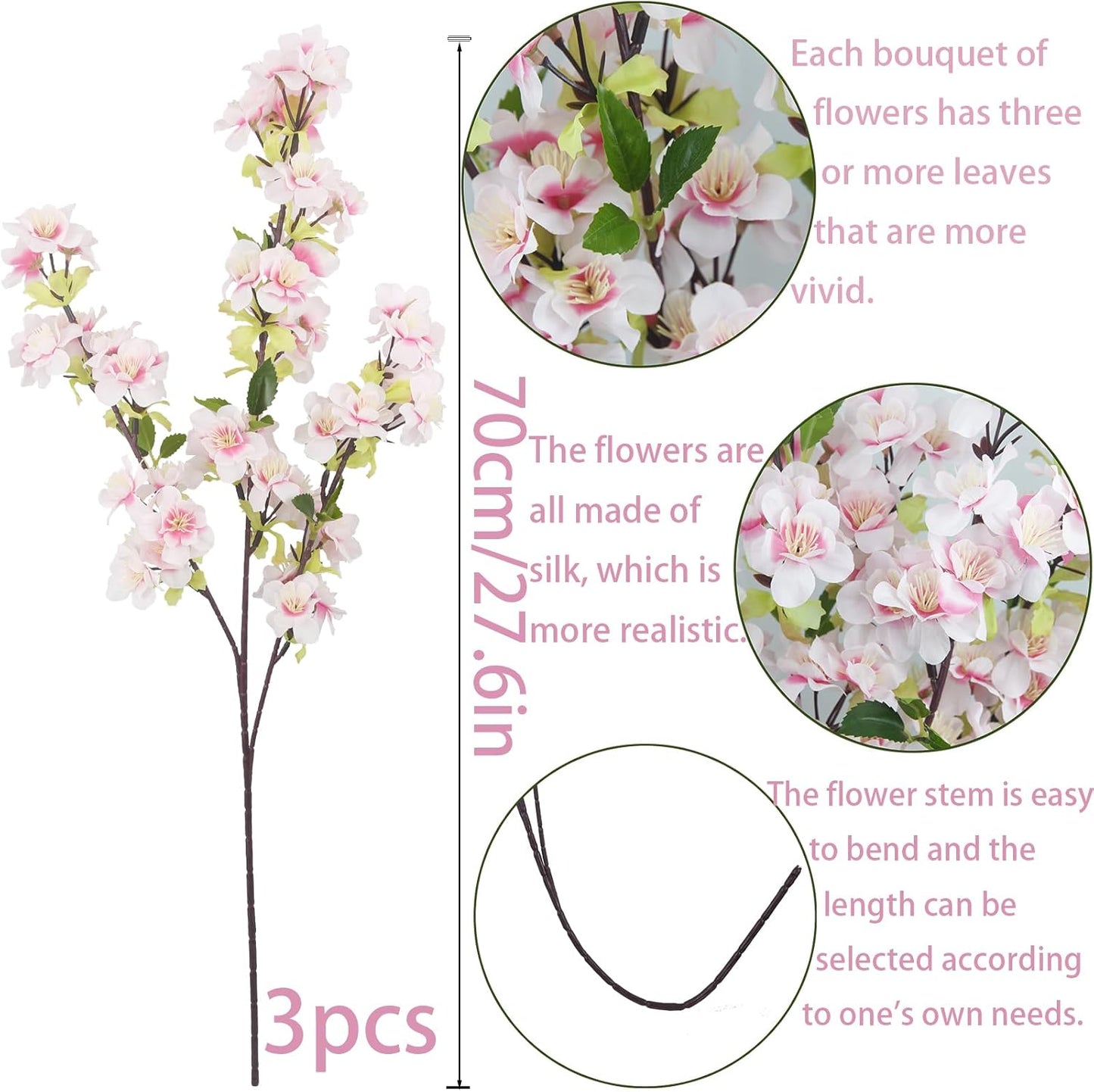 3 Pcs Cherry Blossom Branches for Vase Long Stems Artificial Flowers Spring Summer Decor White Faux Silk Cherry Blossom Branches for Home Wedding Party Table Centerpieces