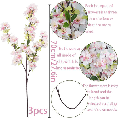 3 Pcs Cherry Blossom Branches for Vase Long Stems Artificial Flowers Spring Summer Decor White Faux Silk Cherry Blossom Branches for Home Wedding Party Table Centerpieces