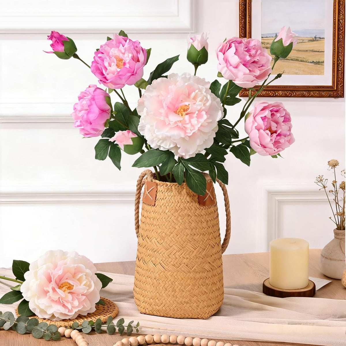 3 Bouquets Peonies Artificial Flowers with 22'' Long Stems, Latex Real Touch Faux Peony Flowers, Fake Peonies Bouquet for Table Centerpieces, Vases Home Wedding Party Decor (Mixed Pink)