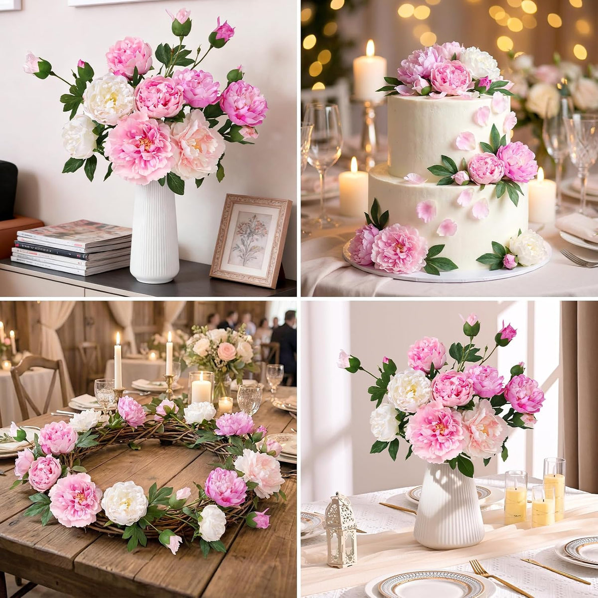 3 Bouquets Peonies Artificial Flowers with 22'' Long Stems, Latex Real Touch Faux Peony Flowers, Fake Peonies Bouquet for Table Centerpieces, Vases Home Wedding Party Decor (Mixed Pink)