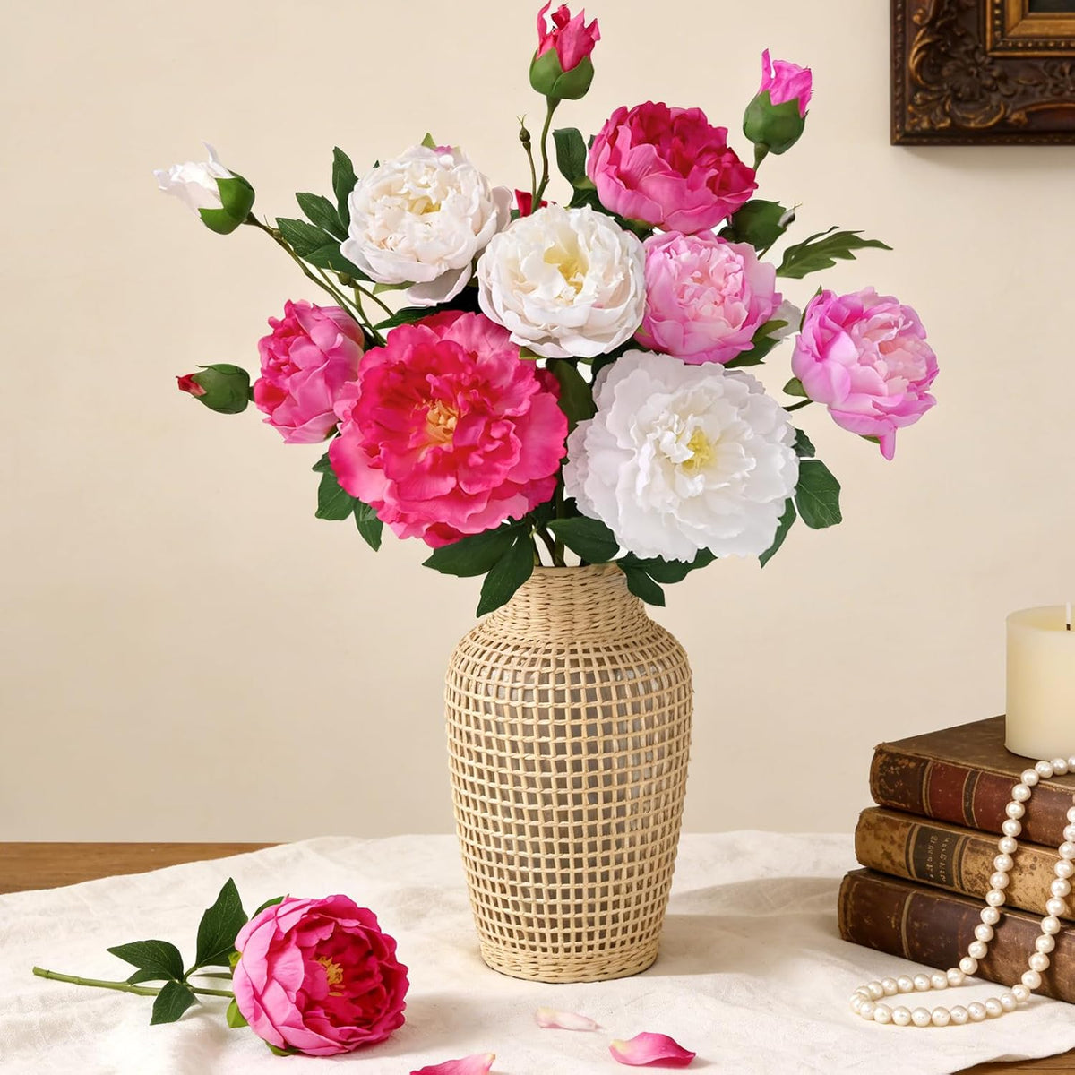 3 Bouquets Peonies Artificial Flowers with 22'' Long Stems, Latex Real Touch Faux Peony Flowers, Fake Peonies Bouquet for Table Centerpieces, Vases Home Wedding Party Decor (Mixed Pink)