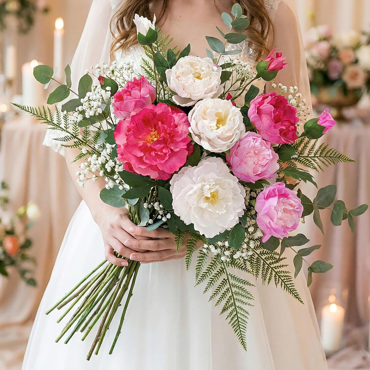 3 Bouquets Peonies Artificial Flowers with 22'' Long Stems, Latex Real Touch Faux Peony Flowers, Fake Peonies Bouquet for Table Centerpieces, Vases Home Wedding Party Decor (Mixed Pink)