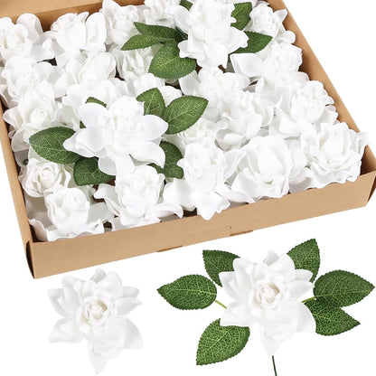 25PCS Gardenia Flowers Artificial 3.15’’ Foam Fake Rose Heads White Faux Gardenia Flowers with Stems for Wedding Bouquet Bridal Shower Party Home Floral Arrangements(White)