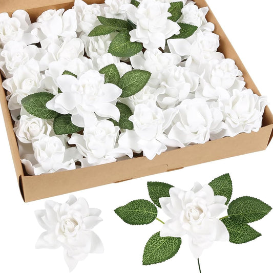 25PCS Gardenia Flowers Artificial 3.15’’ Foam Fake Rose Heads White Faux Gardenia Flowers with Stems for Wedding Bouquet Bridal Shower Party Home Floral Arrangements(White)