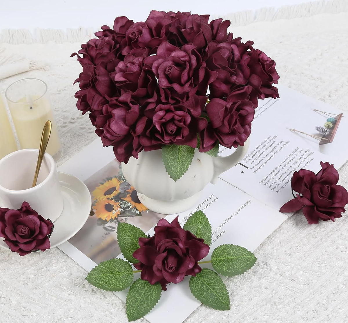 25PCS Gardenia Flowers Artificial 3.15’’ Foam Fake Rose Heads White Faux Gardenia Flowers with Stems for Wedding Bouquet Bridal Shower Party Home Floral Arrangements(White)