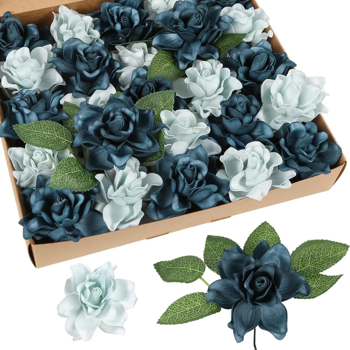 25PCS Gardenia Flowers Artificial 3.15’’ Foam Fake Rose Heads White Faux Gardenia Flowers with Stems for Wedding Bouquet Bridal Shower Party Home Floral Arrangements(White)