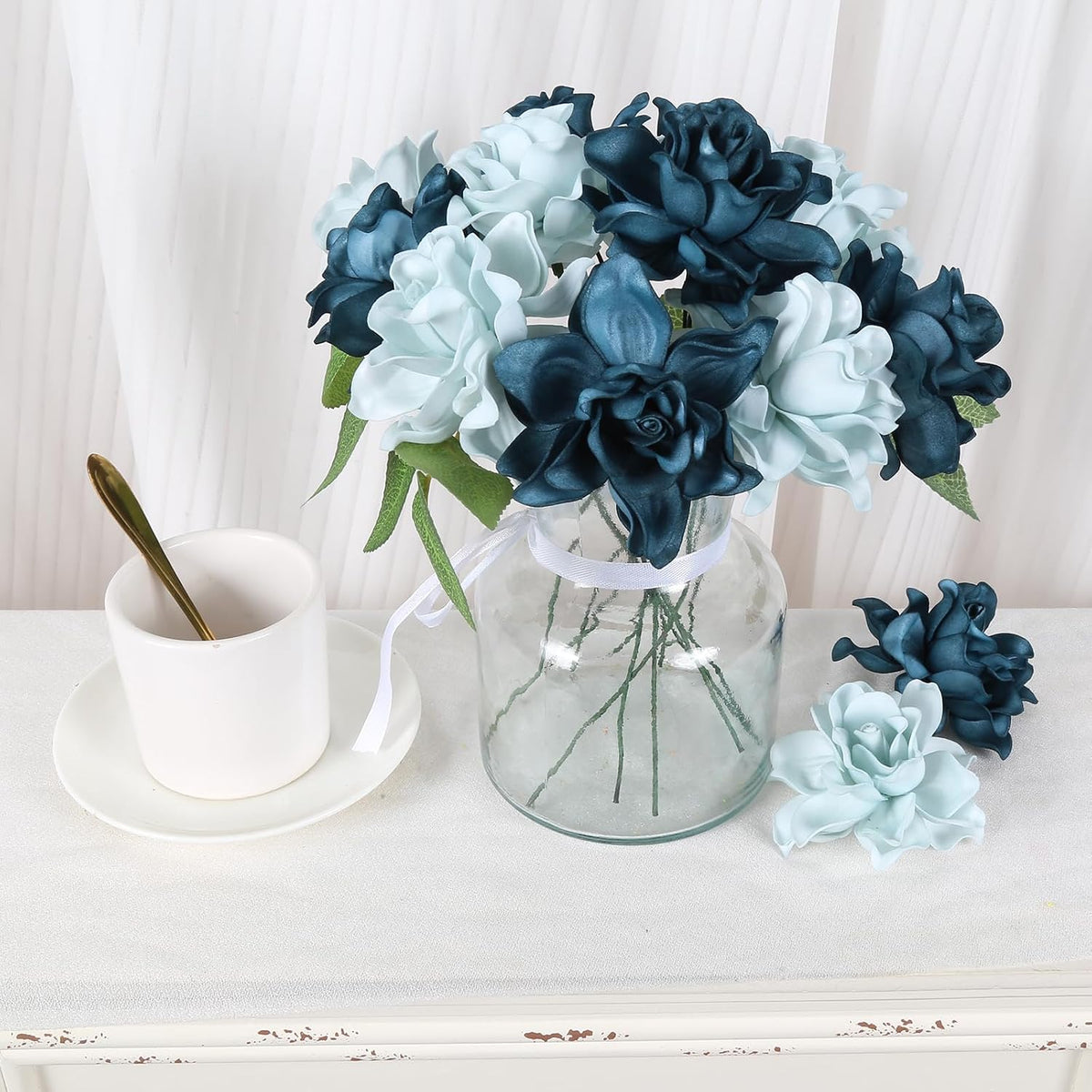 25PCS Gardenia Flowers Artificial 3.15’’ Foam Fake Rose Heads White Faux Gardenia Flowers with Stems for Wedding Bouquet Bridal Shower Party Home Floral Arrangements(White)