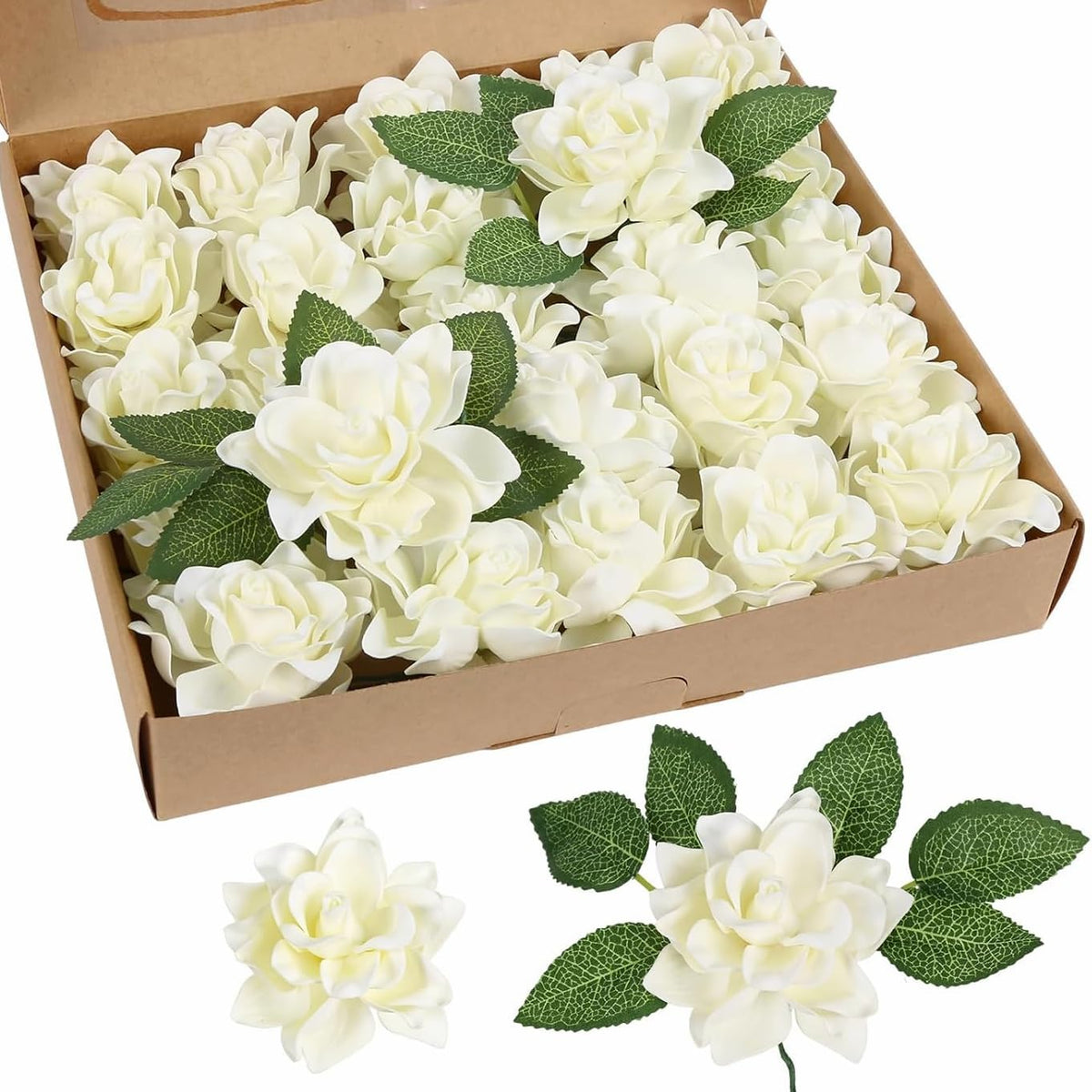 25PCS Gardenia Flowers Artificial 3.15’’ Foam Fake Rose Heads White Faux Gardenia Flowers with Stems for Wedding Bouquet Bridal Shower Party Home Floral Arrangements(White)