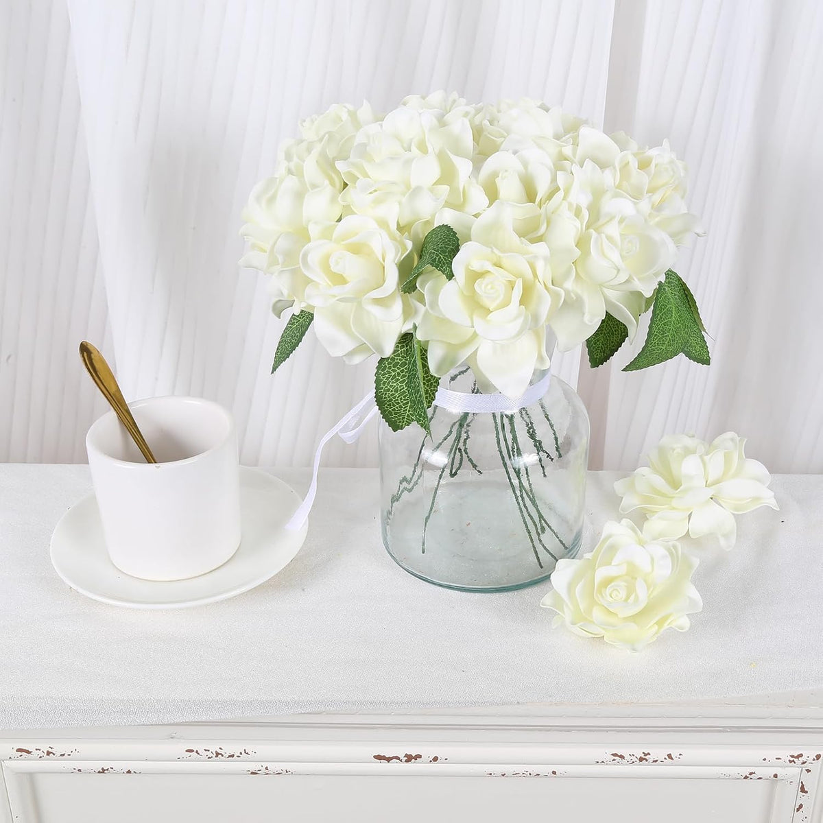 25PCS Gardenia Flowers Artificial 3.15’’ Foam Fake Rose Heads White Faux Gardenia Flowers with Stems for Wedding Bouquet Bridal Shower Party Home Floral Arrangements(White)