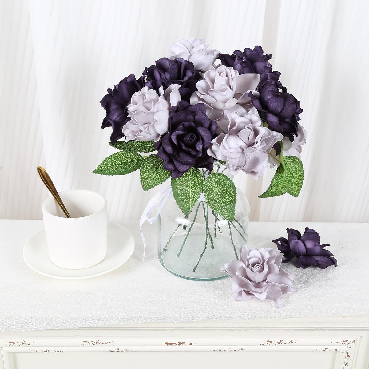 25PCS Gardenia Flowers Artificial 3.15’’ Foam Fake Rose Heads White Faux Gardenia Flowers with Stems for Wedding Bouquet Bridal Shower Party Home Floral Arrangements(White)
