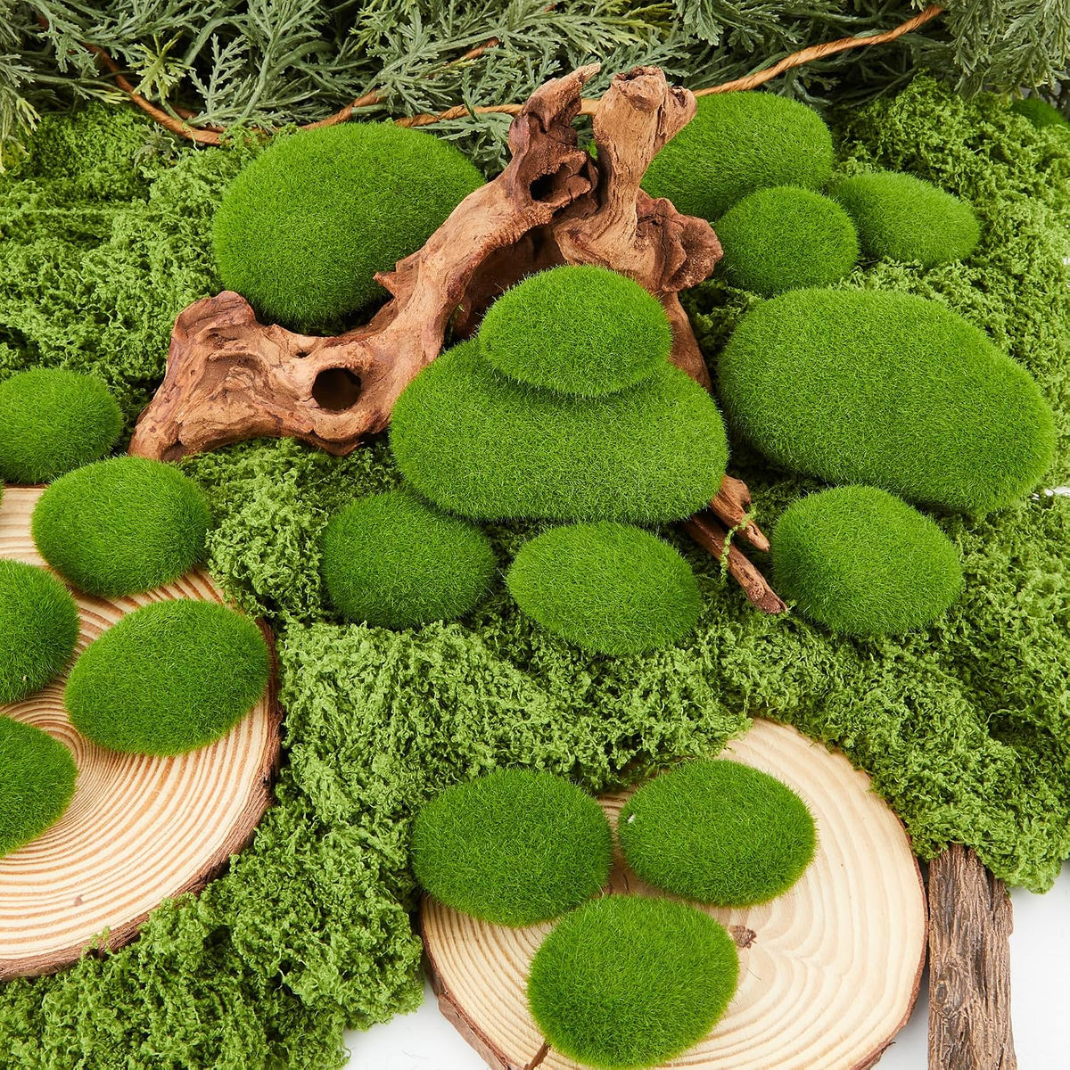 20 PCS Artificial Moss Rocks, 2 Sizes Faux Green Moss Covered Stones, Decorative Moss Rocks for Fairy Gardens, Terrariums, Floral Arrangements, Potted Plants & Crafts