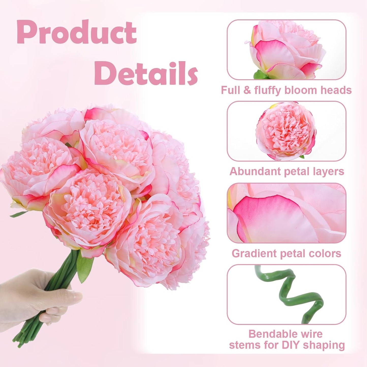 10PCS Pink Realistic Silk Peonies Bouquet, Waterproof & UV Resistant Faux Peony Flowers, All-Weather Artificial Stems for Outdoor, Grave, Wedding Centerpiece & Home Decor