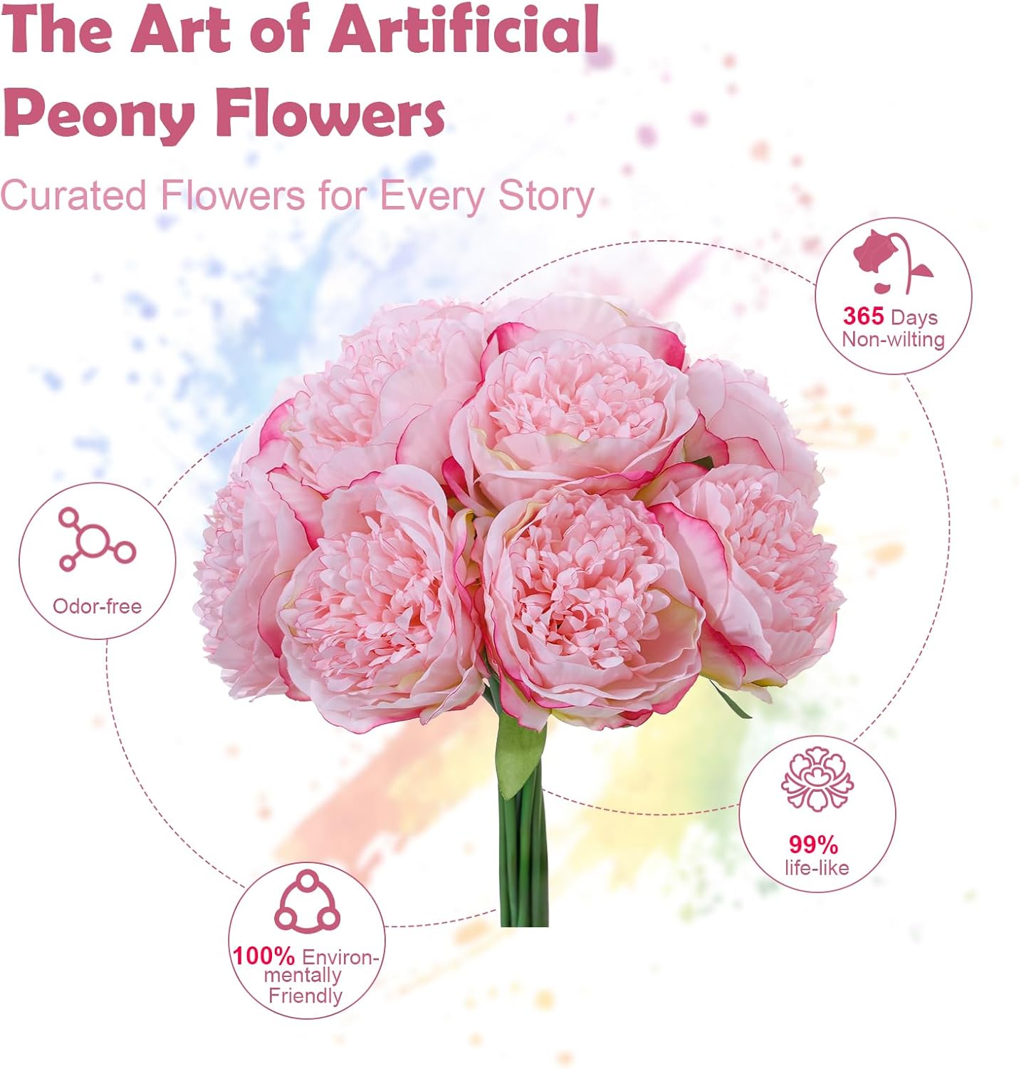 10PCS Pink Realistic Silk Peonies Bouquet, Waterproof & UV Resistant Faux Peony Flowers, All-Weather Artificial Stems for Outdoor, Grave, Wedding Centerpiece & Home Decor