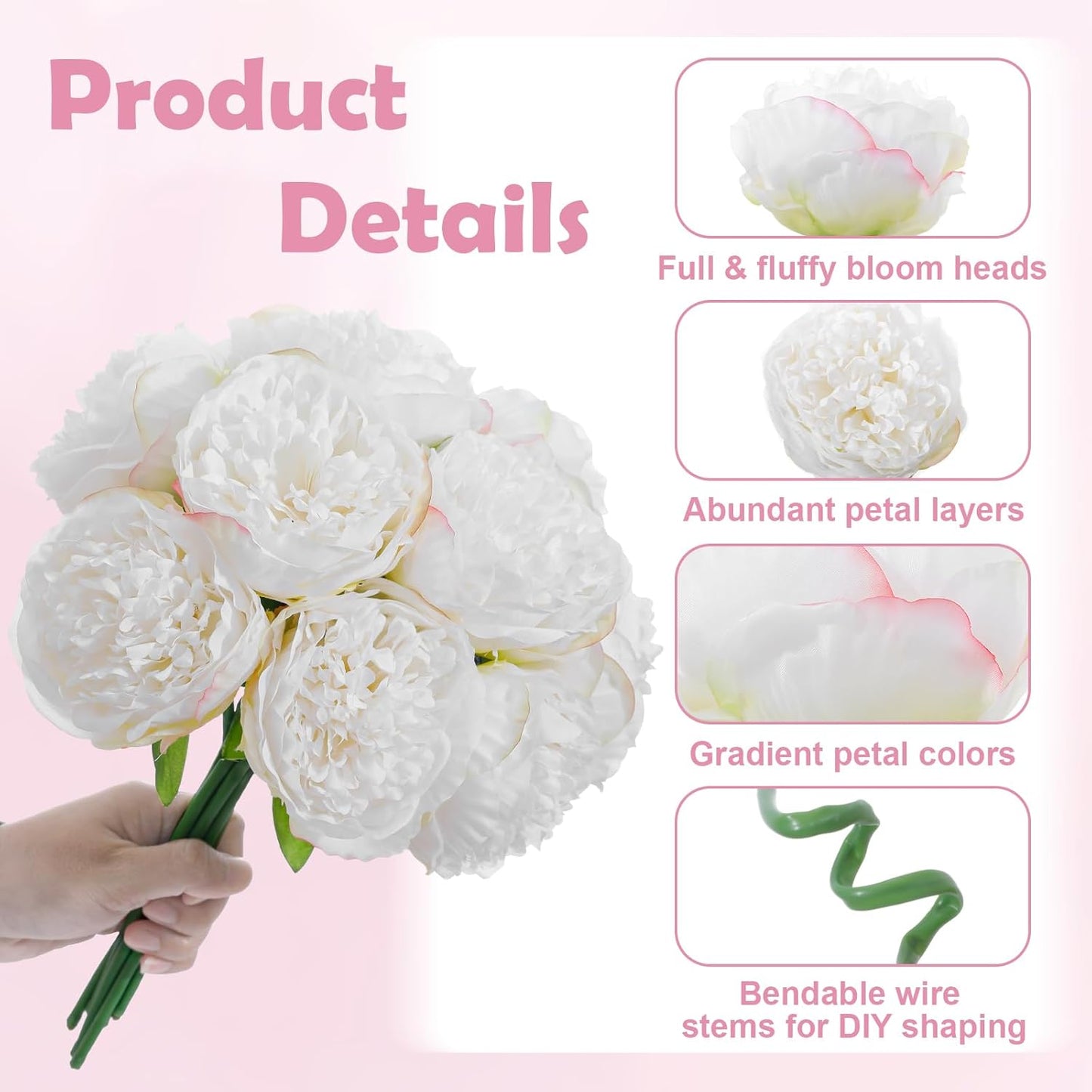10PCS Pink Realistic Silk Peonies Bouquet, Waterproof & UV Resistant Faux Peony Flowers, All-Weather Artificial Stems for Outdoor, Grave, Wedding Centerpiece & Home Decor