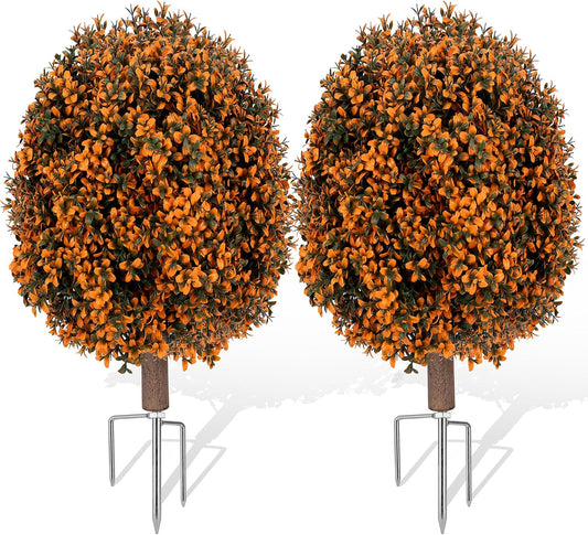 Artificial Burnt Orange Boxwood Topiary for Fall Halloween Decoration for Home, 27" Fake Trees Plants with Ground Spike,UV Resistant Ball Bush Shrubs for Autumn Indoor Outdoor Decor,Front Porch,2 Pack